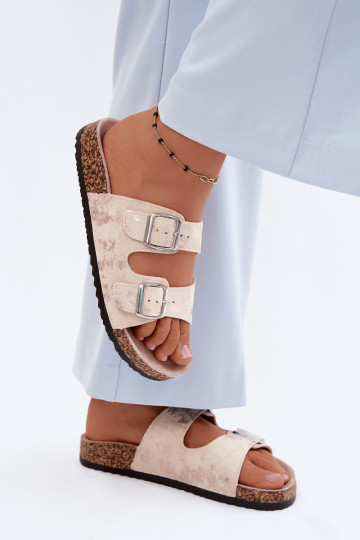Chaussons pour femmes sur liège avec boucles couleur sable et or Vivio