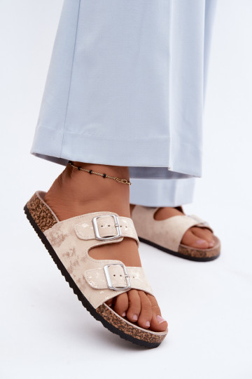 Dames slippers op kurk met gespen in zandkleur en goud Vivio 2