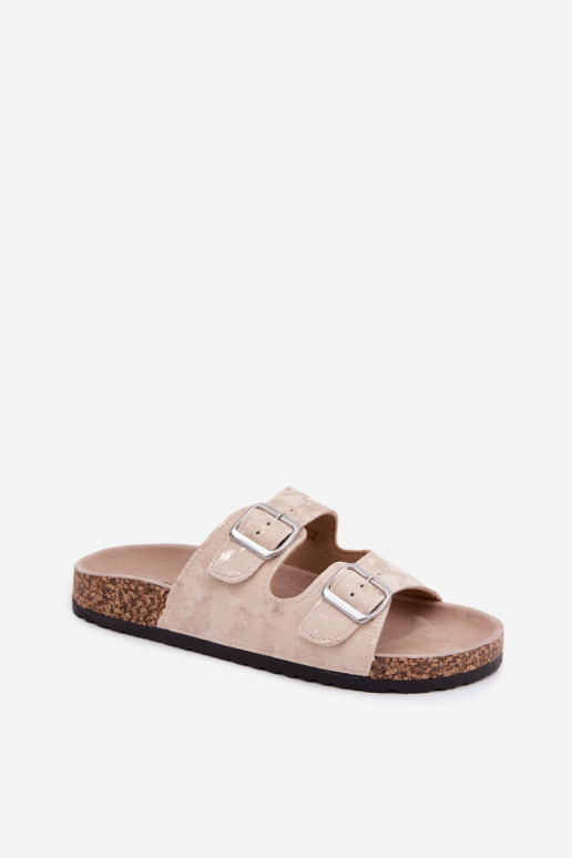 Chaussons pour femmes sur liège avec boucles couleur sable et or Vivio