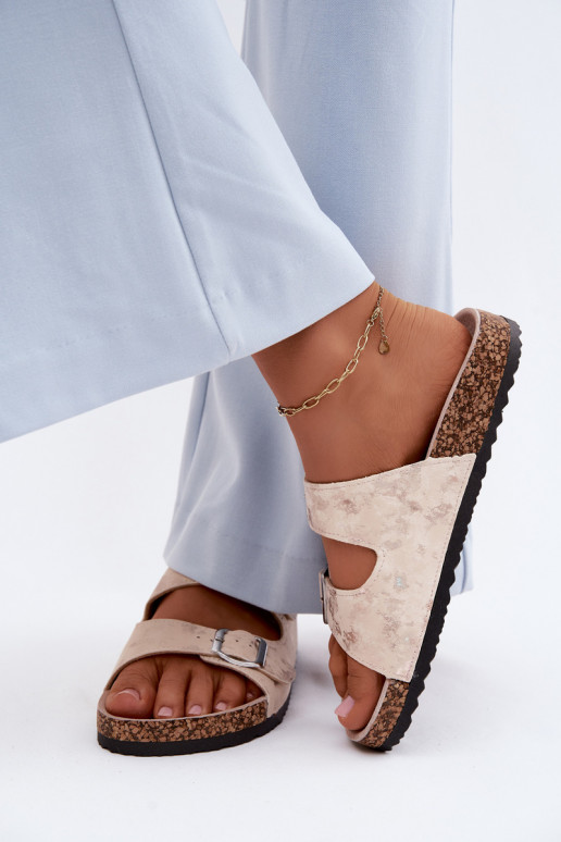 Feminin Hausschuhe Auf Korek mit Schnallen Beige-goldene Farbe Vivio