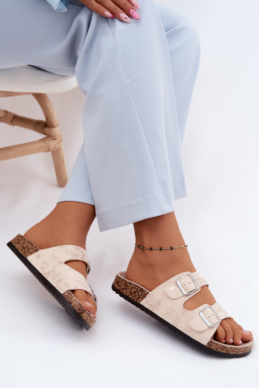 Dames slippers op kurk met gespen in zandkleur en goud Vivio