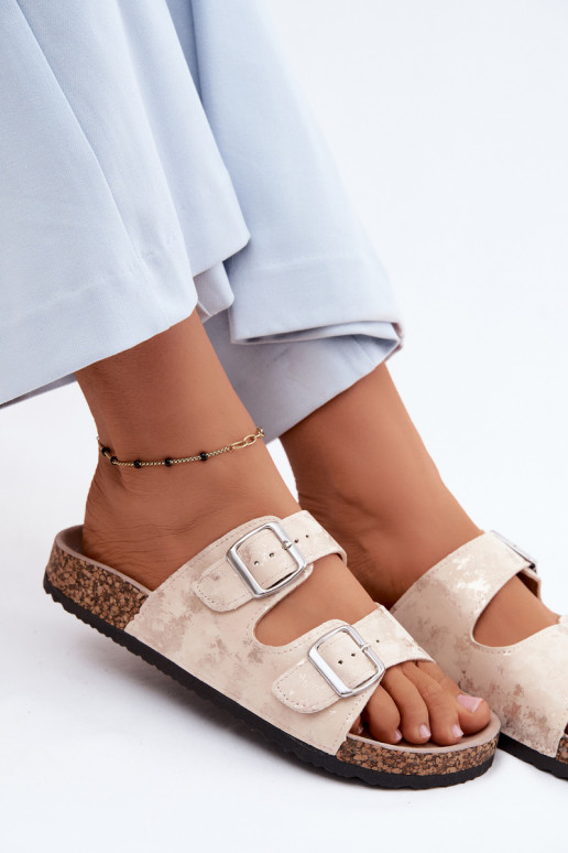 Dames slippers op kurk met gespen in zandkleur en goud Vivio
