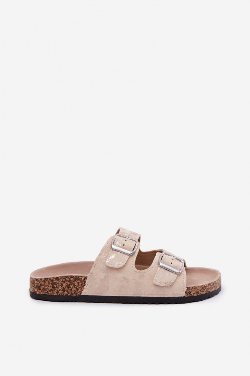 Dames slippers op kurk met gespen in zandkleur en goud Vivio