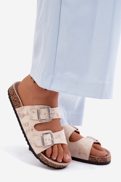 Damen-Slipper auf Kork mit Schnallen in Sand- und Goldfarbe Vivio