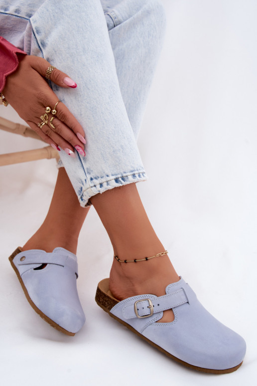 Leder Mule Pantoletten mit Schnallen in hellblauer Farbe von Zazoo