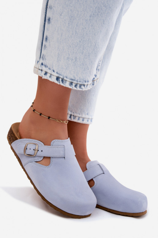 Chaussons en cuir Mule avec boucles de couleur bleu clair par Zazoo