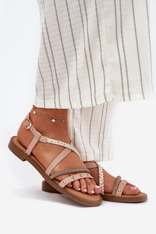 Flache Sandalen mit Riemen in Elfenbein Vinceza 17379