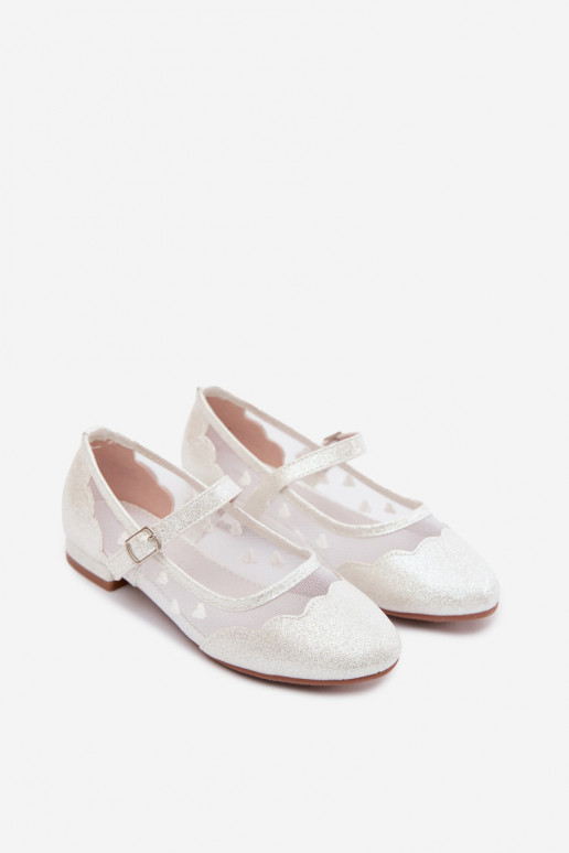 Glanzende kindersandalen met gaas en harten in wit Binky