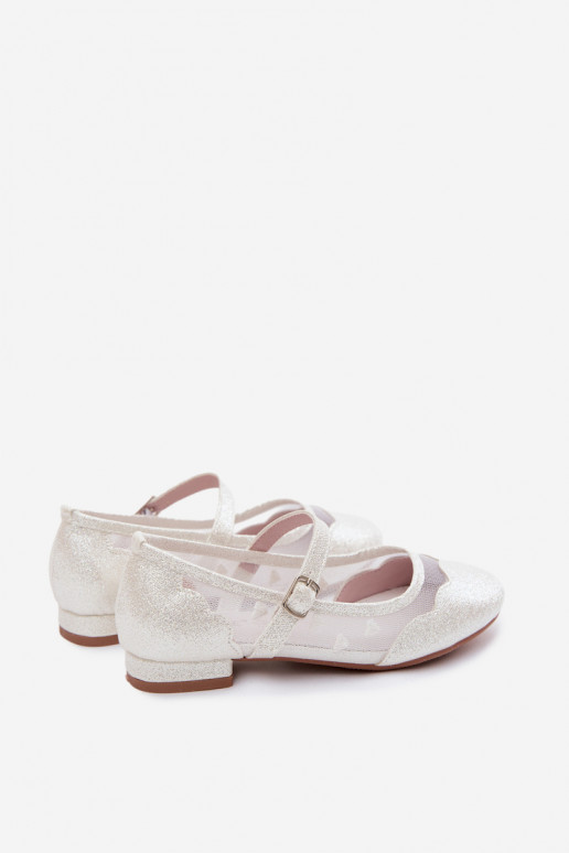 Glanzende kindersandalen met gaas en harten in wit Binky