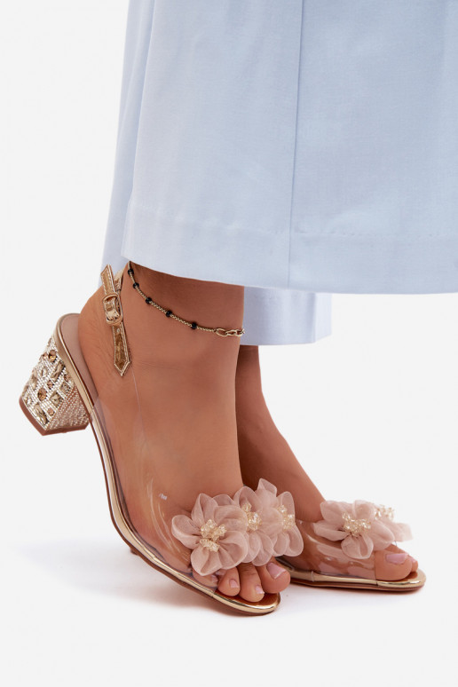 Perregimi sandalen met hakken met glanzende gaten I met bloemmotievenkami D&A MR61-9009 gouden kleur