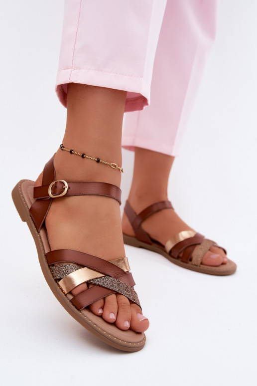 Flache Damensandalen mit Glanz und Riemen in Braun Haden