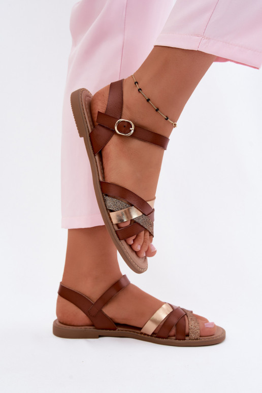 Flache Damensandalen mit Glanz und Riemen in Braun Haden