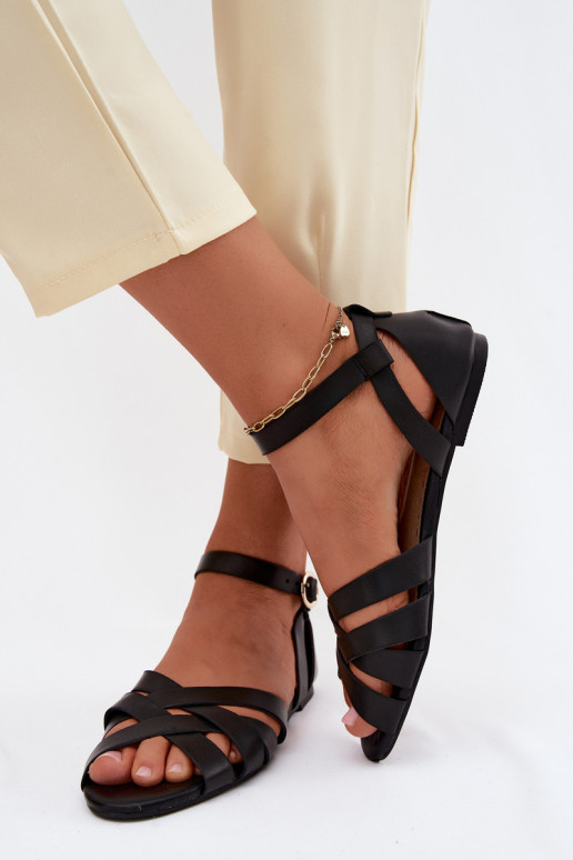 Flache Sandalen für Damen mit Streifen Eko Haut schZuarze Farbe Lagos