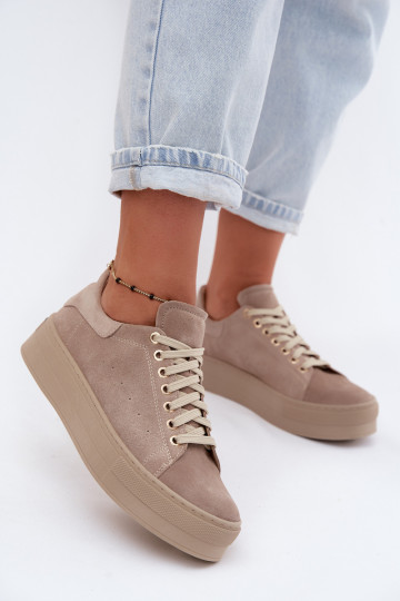 Dames sneakers van faux suede met platform in zandkleur Zazoo N408S7 2