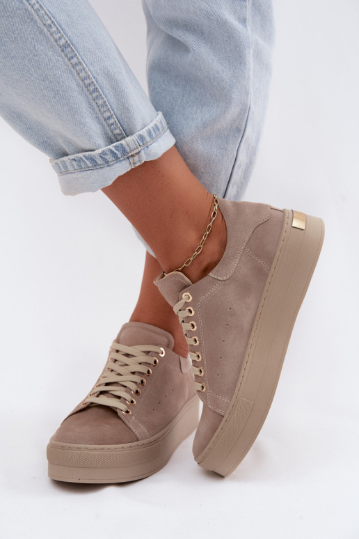 Dames sneakers van faux suede met platform in zandkleur Zazoo N408S7