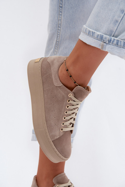 Dames sneakers van faux suede met platform in zandkleur Zazoo N408S7