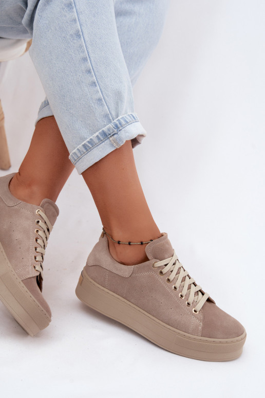 Dames sneakers van faux suede met platform in zandkleur Zazoo N408S7