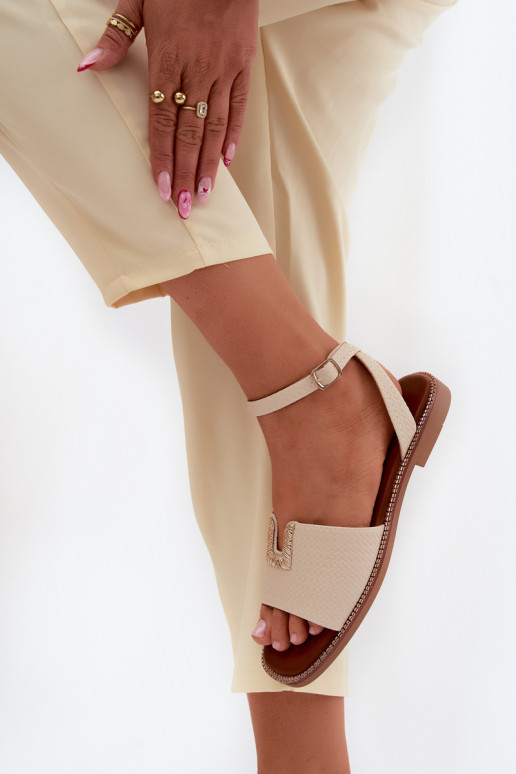 Flache Sandalen für Damen mit goldenen Details in Sandfarbe Vinceza 73505