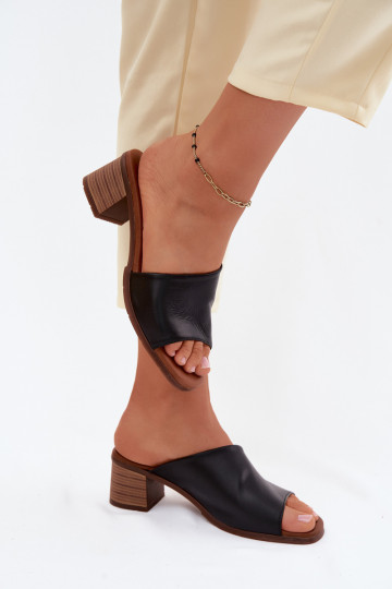 Zwarte leren dames slippers met hak