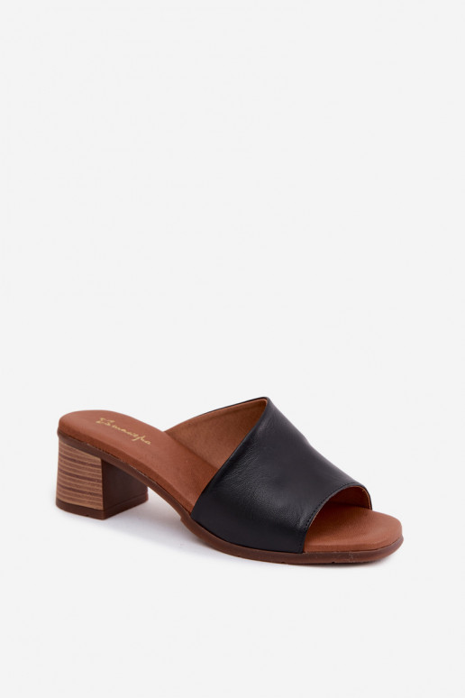 Zwarte leren dames slippers met hak