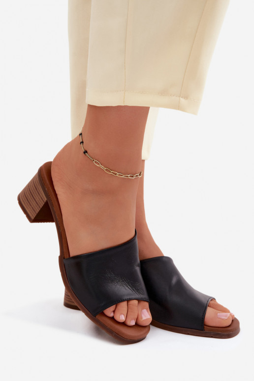 Zwarte leren dames slippers met hak