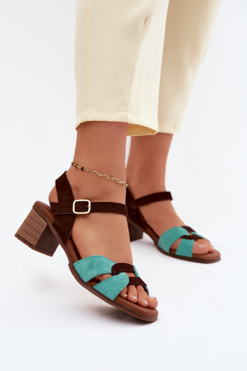 Sandales en daim turquoise et marron pour femmes avec talon