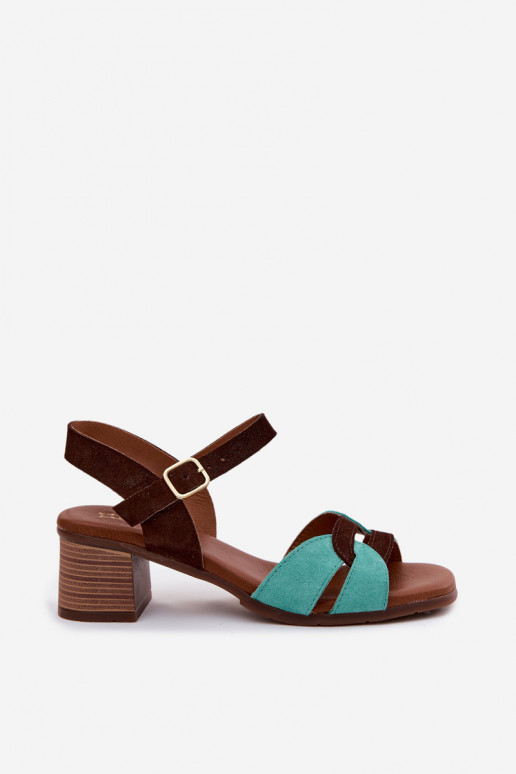 Turquoise-bruin suede dames sandalen met hak