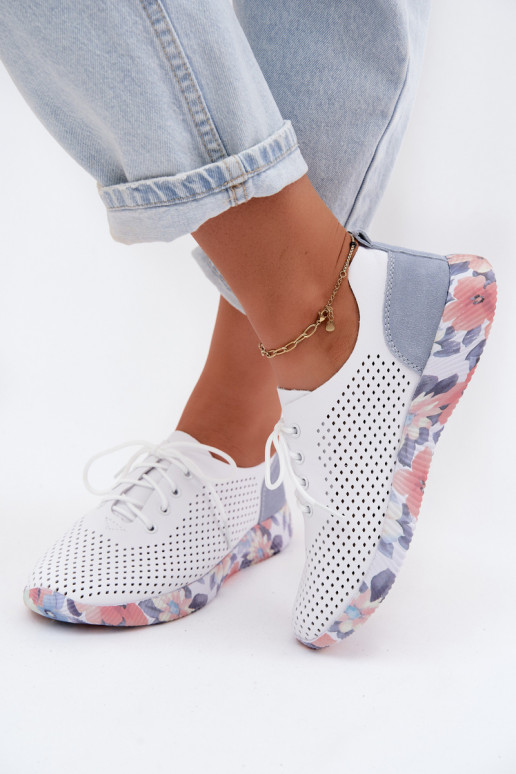 Dames leren schoenen met veters op een platform in wit-blauw Artiker 58C0586