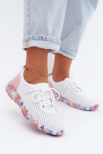 Peau chaussures Féminin avec des lacets avec une plateforme Artiker 58C0587 Blanc-couleur rose