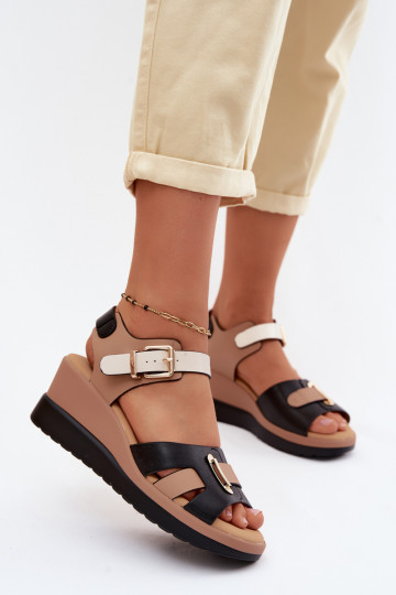 Sandfarben-schwarze Damen Sandalen mit Plattform und Riemen Artiker 58C0316 2