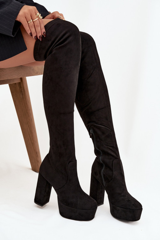 Zwarte lange laarzen van faux suede met hakken Amareen