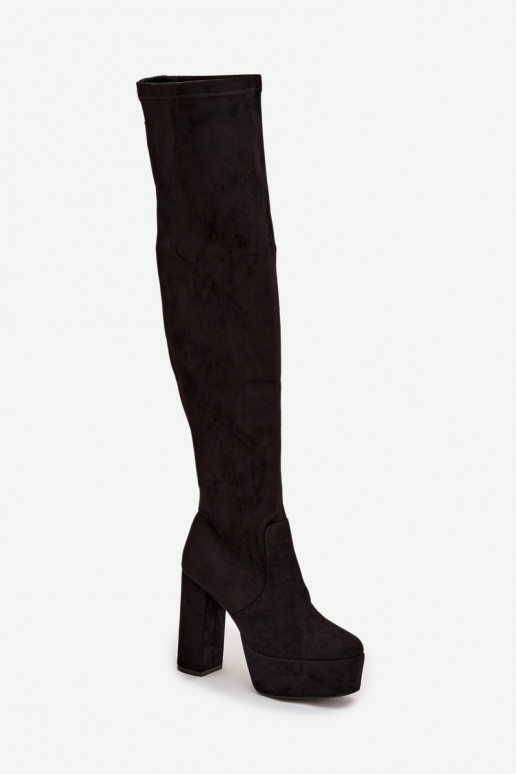 Zwarte lange laarzen van faux suede met hakken Amareen