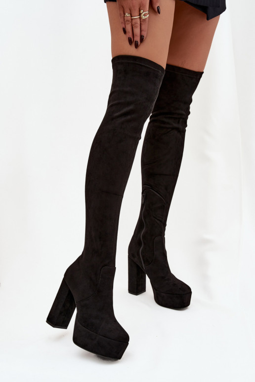 Schwarze lange Stiefel aus Kunstveloursleder mit Absätzen Amareen