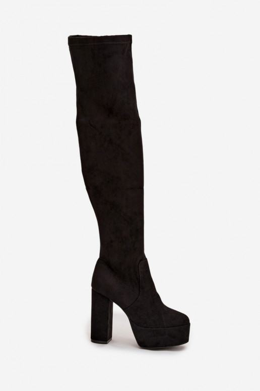 Stiefel mit Absätzen und Plattform oberhalb des Knies aus Öko-INildlederoZue schZuarze Farbe Amareen