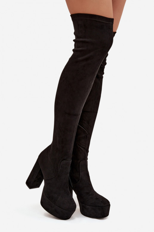Stiefel mit Absätzen und Plattform oberhalb des Knies aus Öko-INildlederoZue schZuarze Farbe Amareen