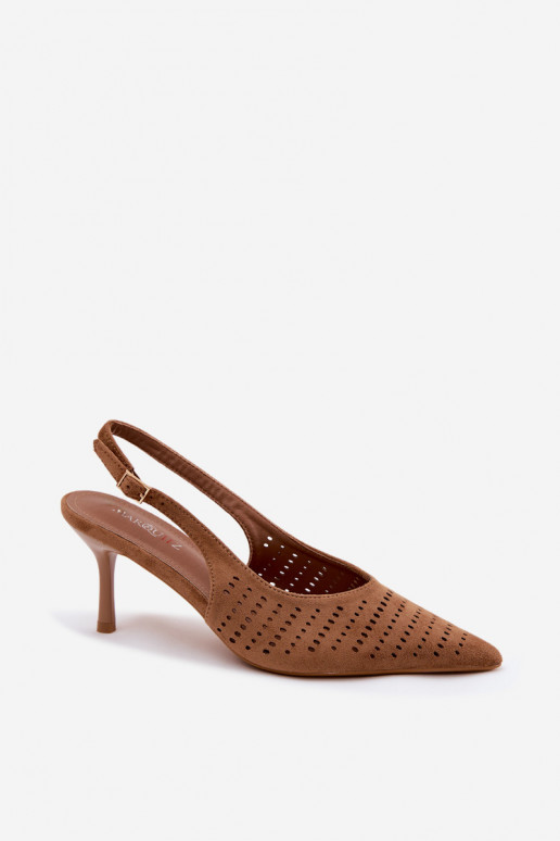 Braune perforierte Sandalen mit dünnen Absätzen aus Kunstveloursleder Torielle