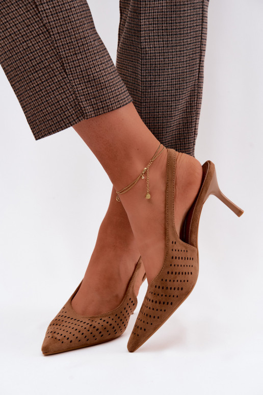 Bruine geperforeerde sandalen met dunne hakken van faux suede Torielle