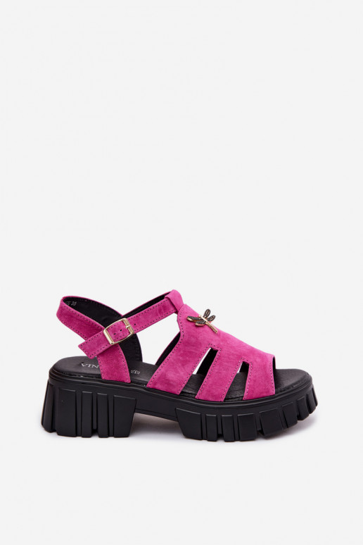 Leder-Suede-Damensandalen mit Schnalle Vinceza 79627, schwarze Farbe