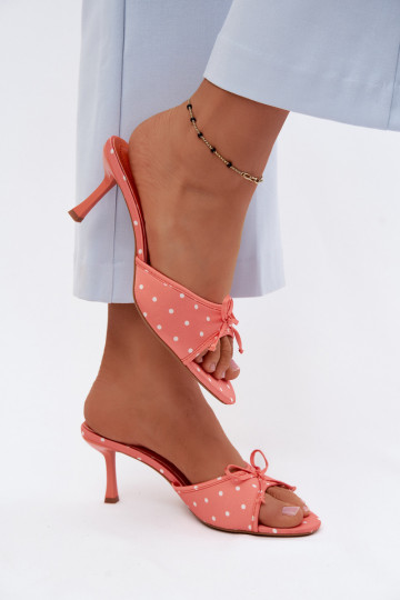 Dames slippers met strikken en stippen op een dunne hak in oranje kleur van Shinea 2