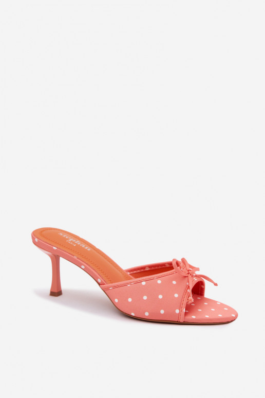Dames slippers met strikken en stippen op een dunne hak in oranje kleur van Shinea