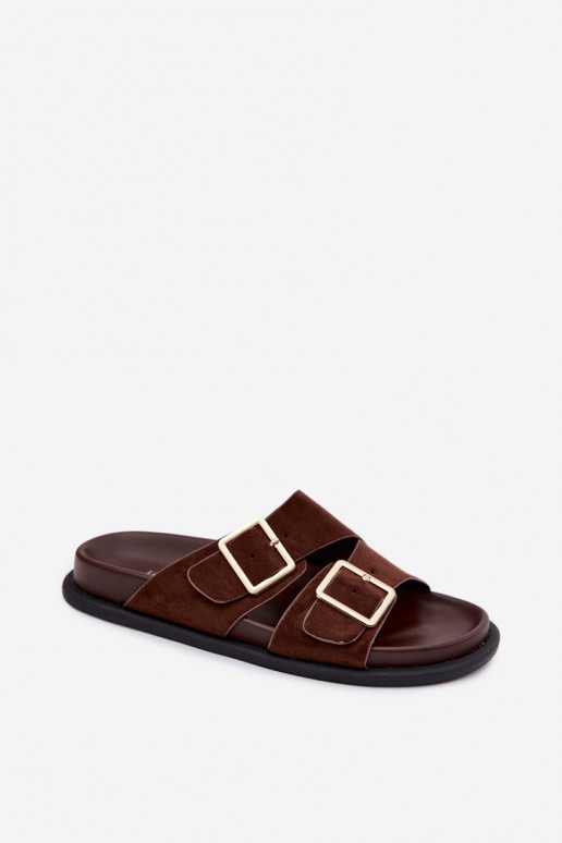 Dames chocoladekleurige slippers van kunstsuède met gouden gespen Selissea