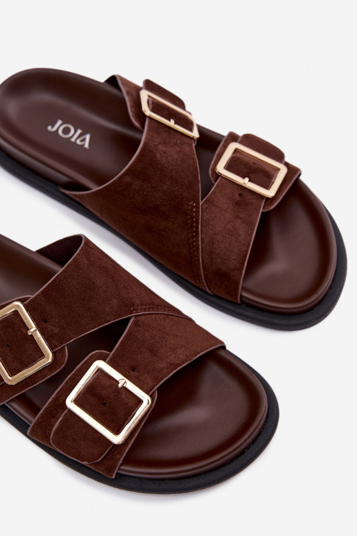 Damen Schokoladenfarbene Slipper aus Kunstvelours mit goldfarbenen Schnallen Selissea