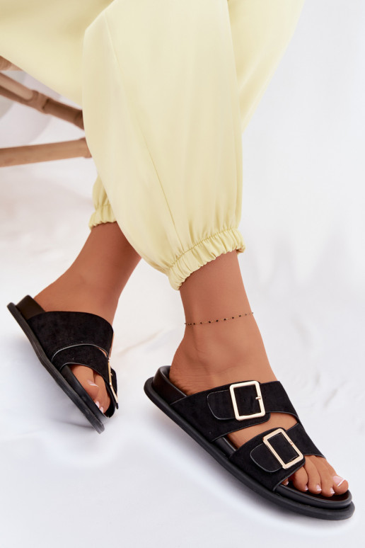 Zwarte faux suede slippers met gouden gespen Selissea