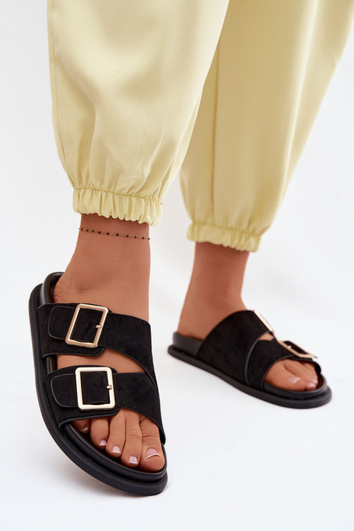 Chaussons en faux daim noir avec boucles dorées Selissea