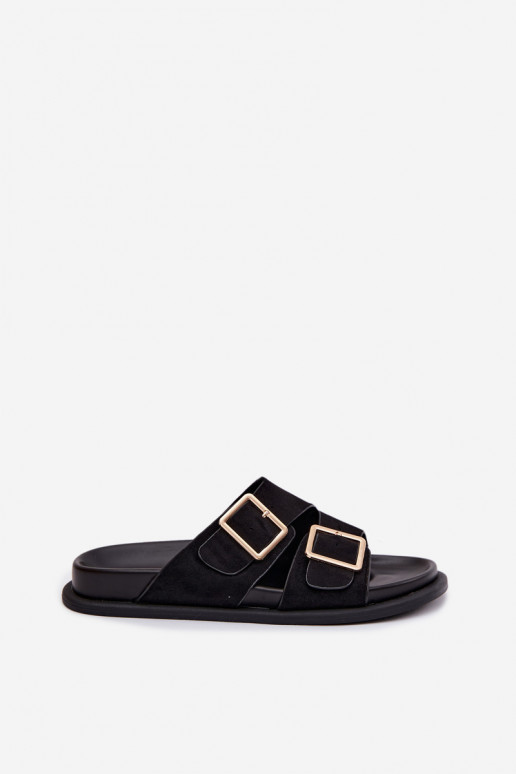 Schwarze Kunstveloursleder-Slipper mit goldenen Schnallen Selissea