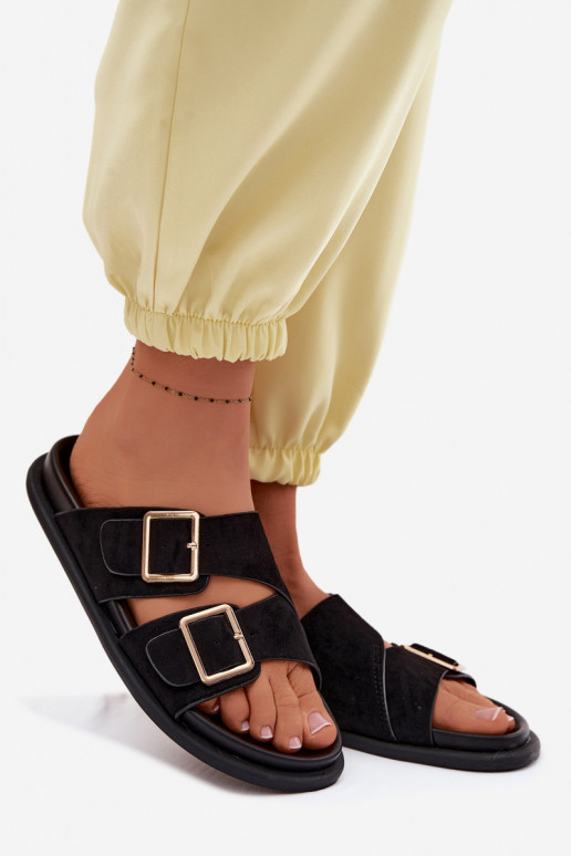 Schwarze Kunstveloursleder-Slipper mit goldenen Schnallen Selissea