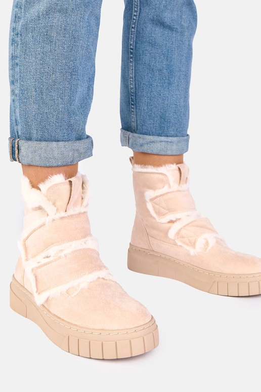 Bottines couleur sable avec velcro, ornées de fourrure Grace
