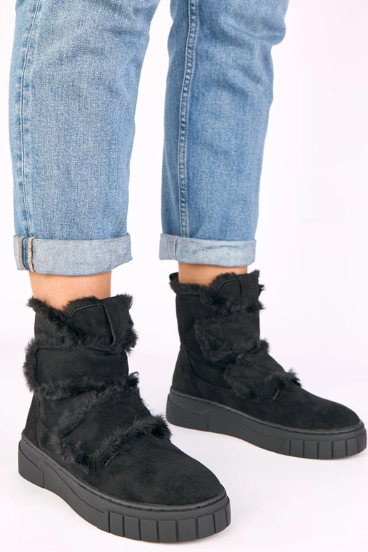 Bottines noires avec velcro, ornées de fourrure Grace