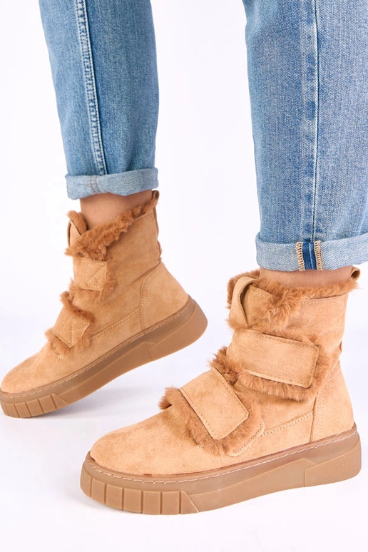 Bottines brunes avec velcro, ornées de fourrure Grace