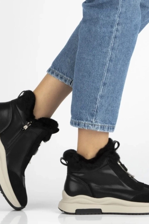 Schwarze Stiefeletten aus natürlichem Leder mit Fell Dorie